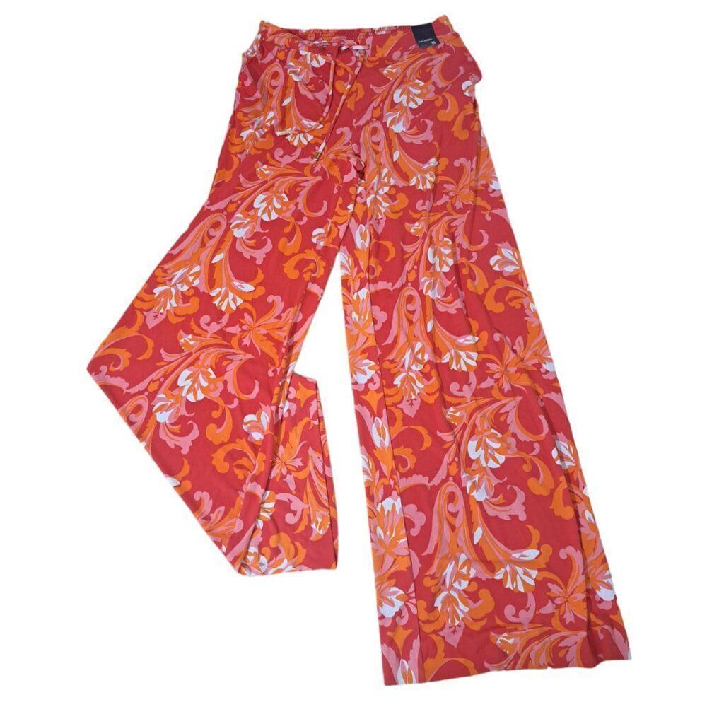 New York & Company Women's Printed Orange Palazzo Wide Leg Travel Pants Sz Small